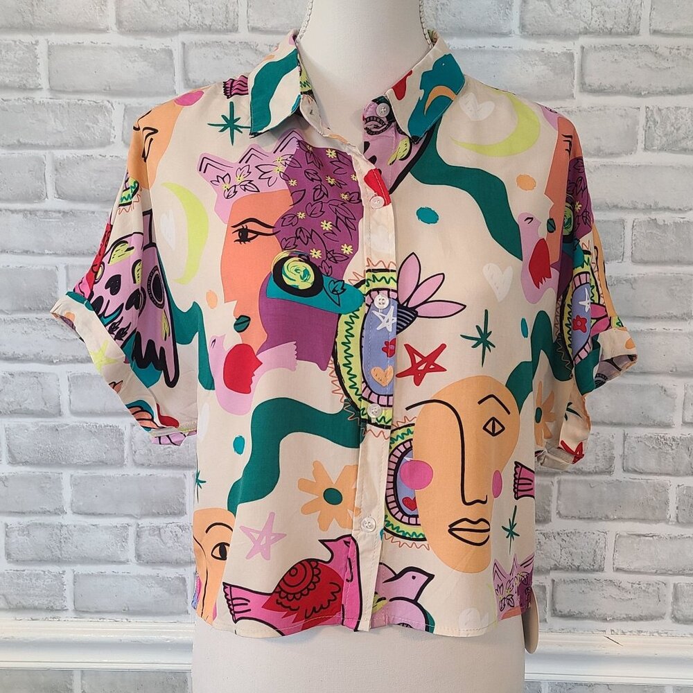 Sunburst Kiss Art to Wear All Over Print Top Blouse NEW L Dopamine Funky